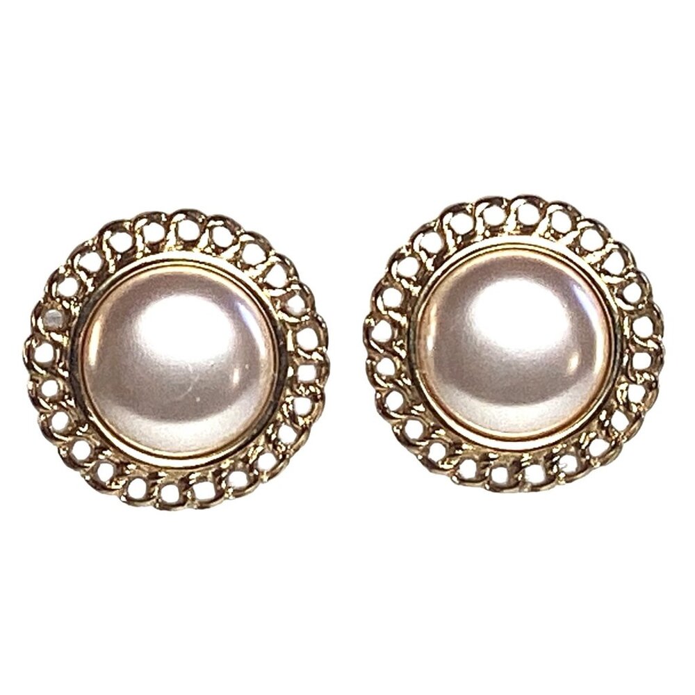 Vintage Monet Gold Tone Faux Pearl Clip on Earrings Encircled by Faux Curb Chain